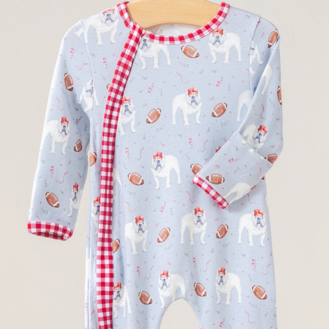 That Store organic cotton kids zip-up pajamas in light blue with bulldog and football print and red gingham trim