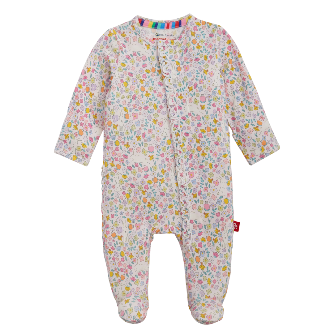 That Store Bunny Blossom pink floral modal footie with magnetic front closures and delicate ruffle detailing.