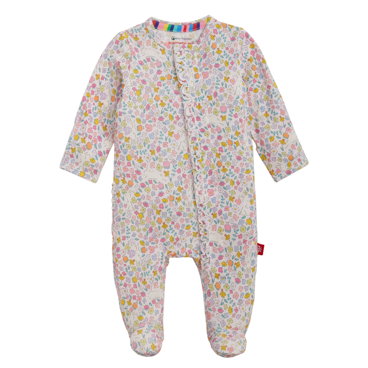 That Store Bunny Blossom pink floral modal footie with magnetic front closures and delicate ruffle detailing.