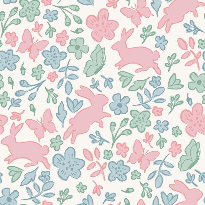 That Store Claire Bunny floral print fabric with pink bunnies, butterflies, and blue and green flowers on cream