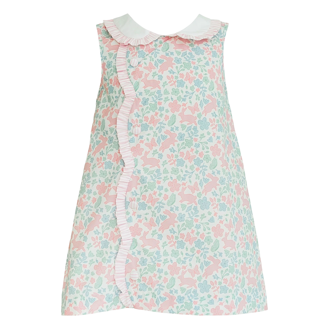 That Store Claire Bunny floral print dress with a white peter pan collar and scalloped ruffle trim for little girls.