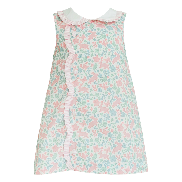 That Store Claire Bunny floral print dress with a white peter pan collar and scalloped ruffle trim for little girls.