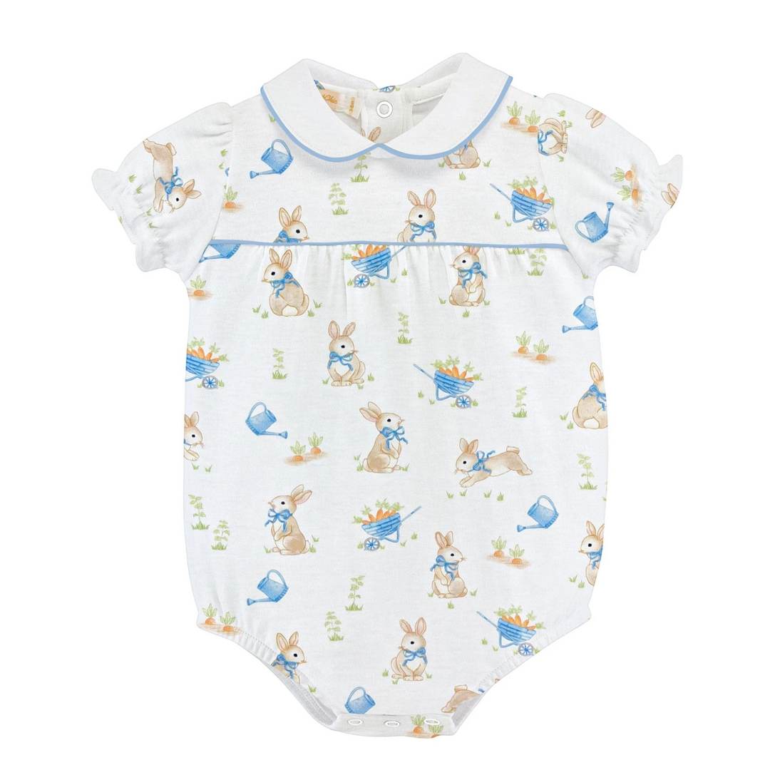 That Store Bunny's Garden printed Pima cotton baby girl bubble with blue trim and Peter Pan collar