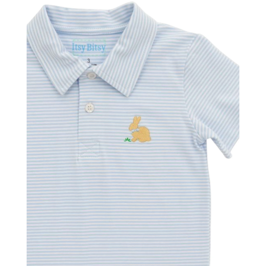 That Store blue and white striped polo shirt for boys featuring a cute embroidered bunny applique on the chest