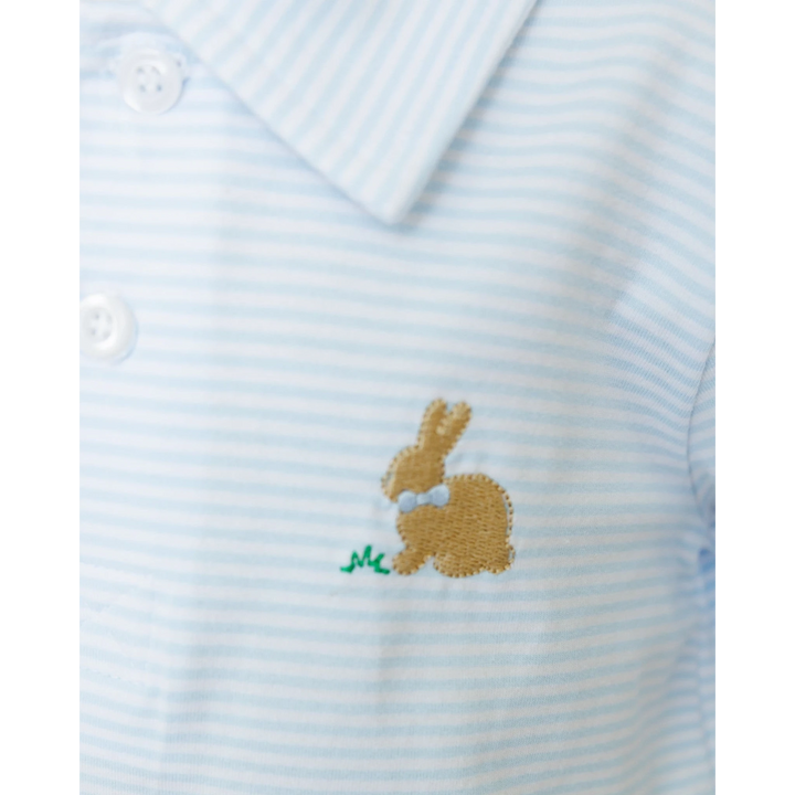 That Store blue and white striped polo shirt featuring a small embroidered bunny applique on the chest.