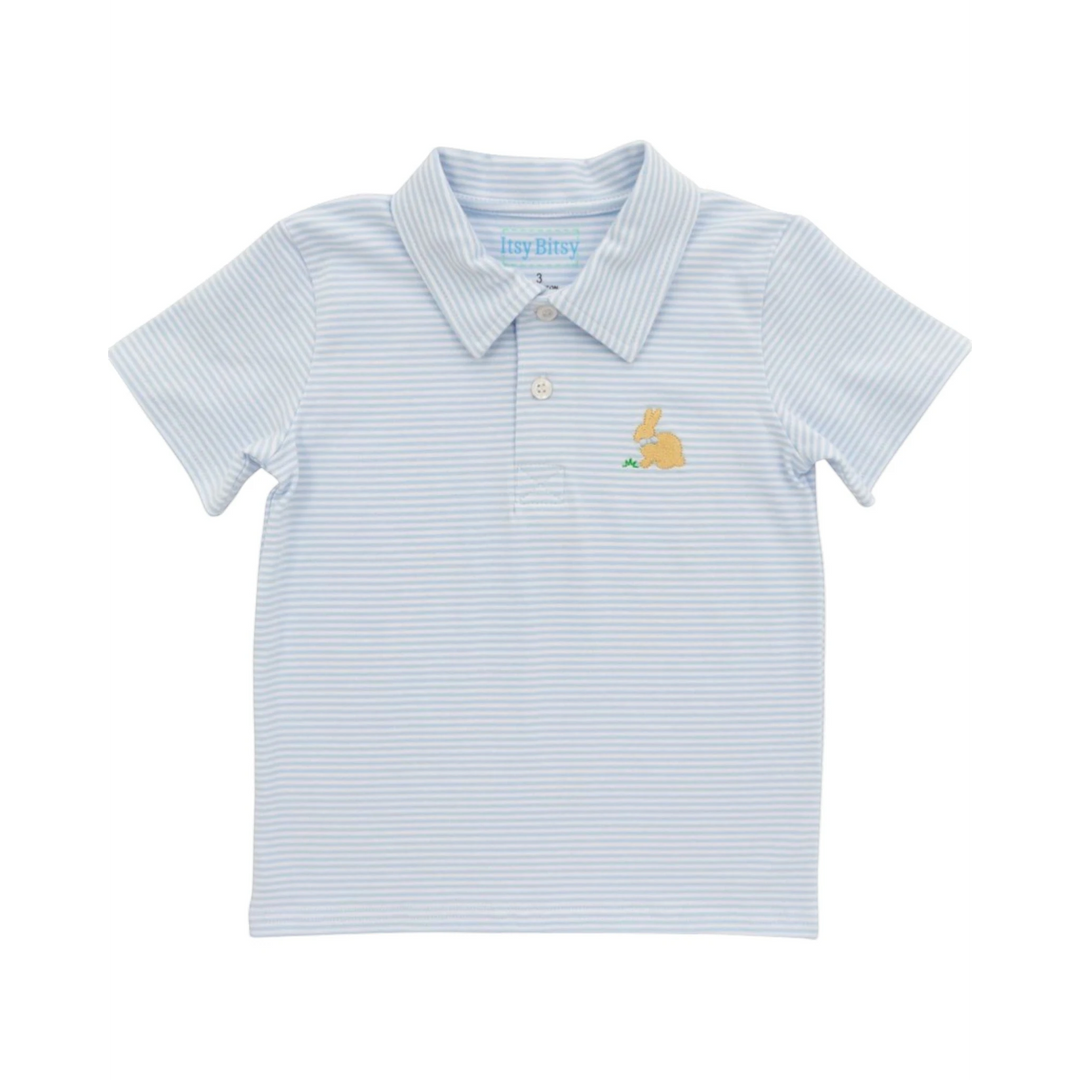 That Store blue and white striped cotton polo shirt featuring a small embroidered bunny applique on the chest.