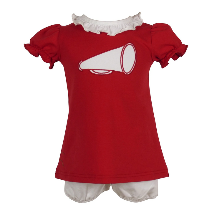 That Store burgundy cotton-blend girls bloomer set featuring a white megaphone applique and ruffled collar