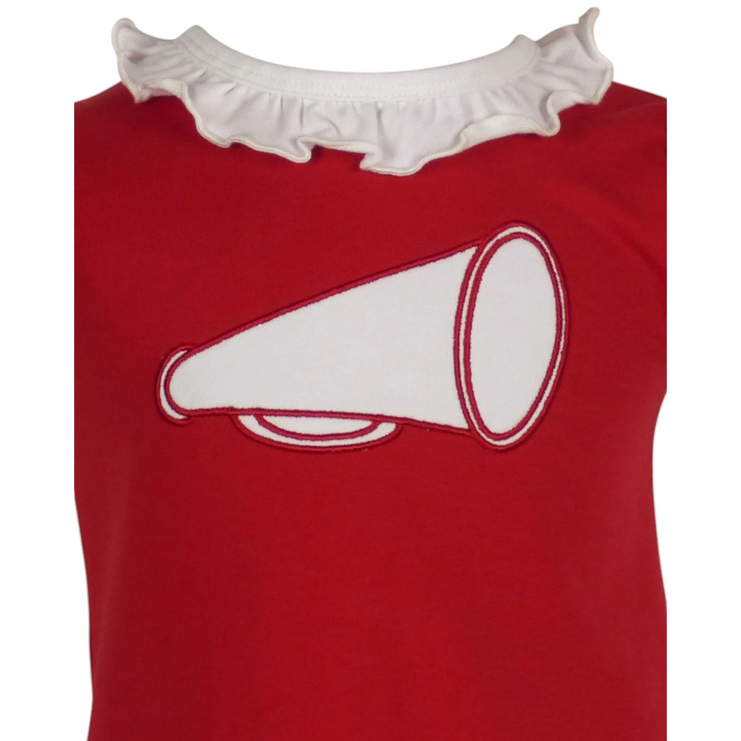 That Store burgundy cotton blend girls top with white ruffled collar and megaphone applique for game day