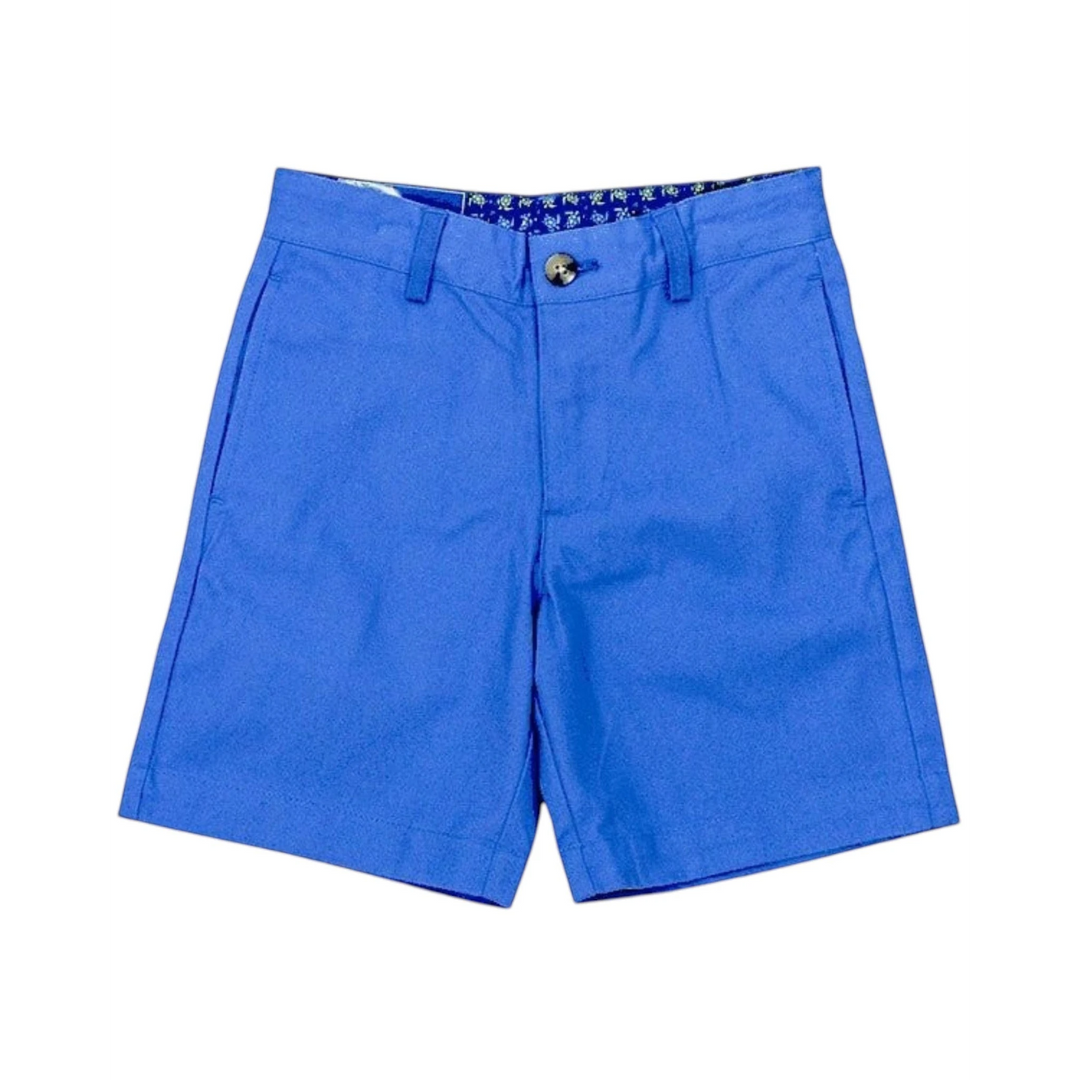 That Store J Bailey cadet blue twill shorts with belt loops, front pockets, and a patterned inner waistband.