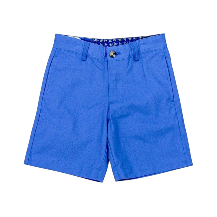 That Store J Bailey cadet blue twill shorts with belt loops, front pockets, and a patterned inner waistband.