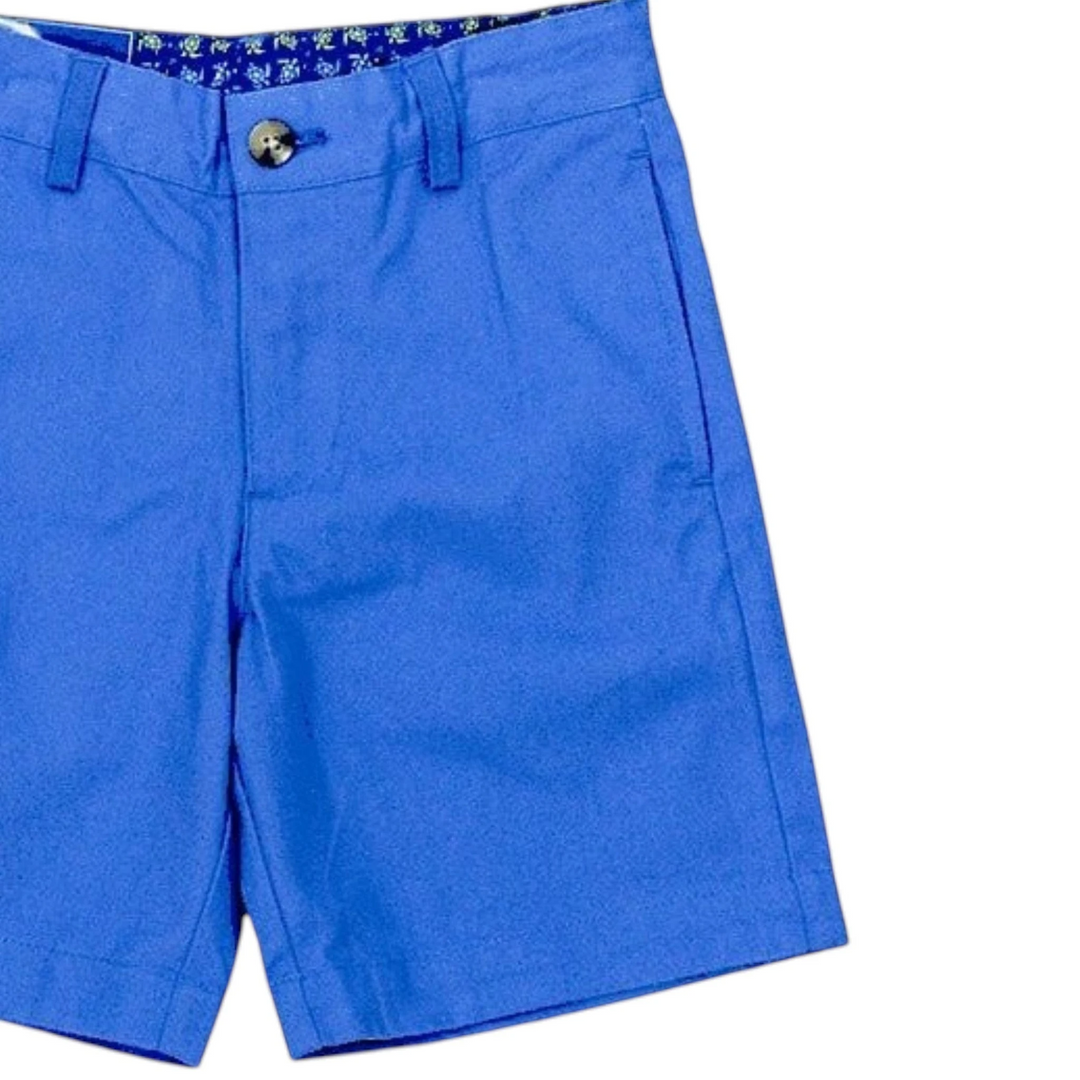 That Store J Bailey cadet blue twill shorts with belt loops and patterned interior waistband detail.