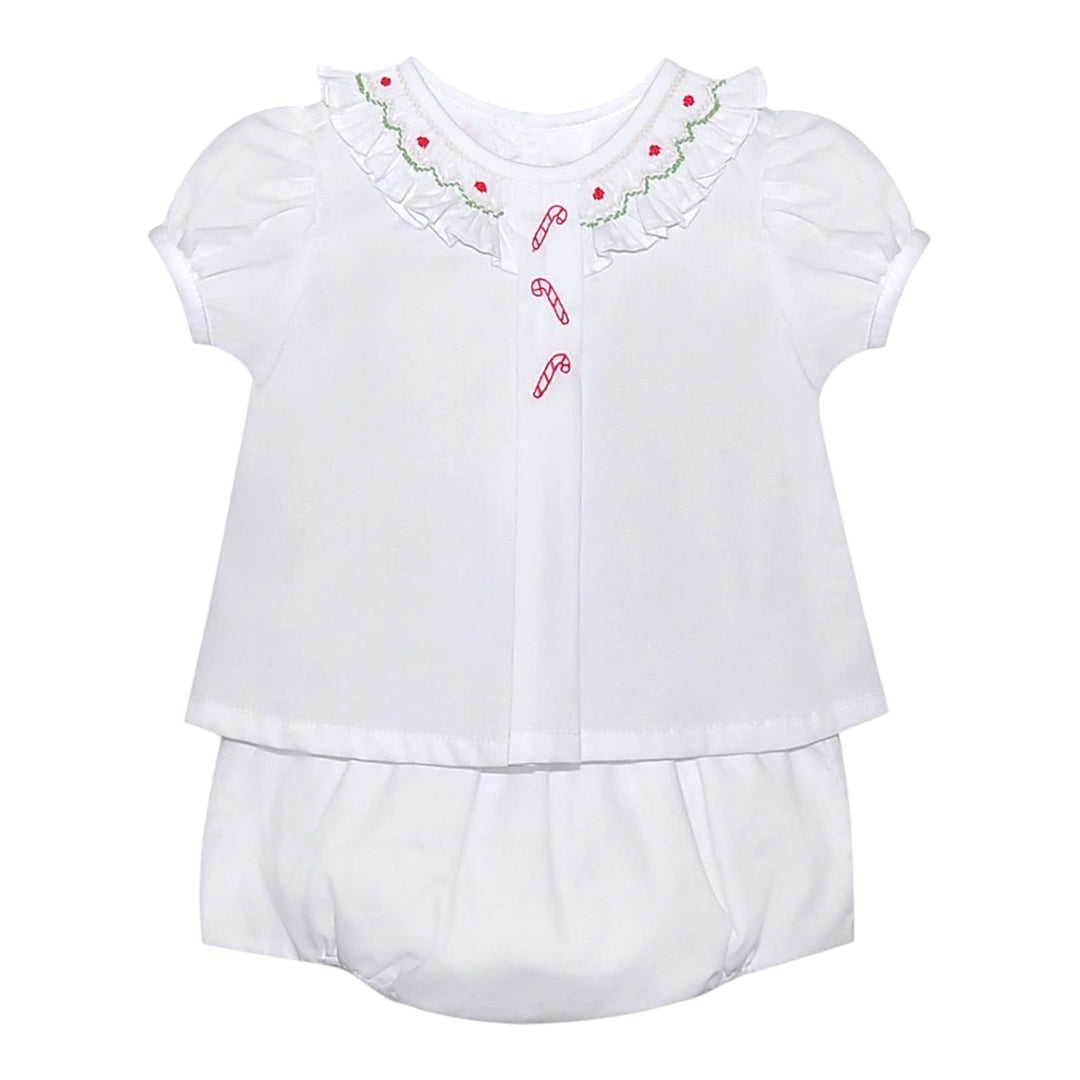 That Store white girls bloomer set with candy cane embroidery, ruffled collar, and red and green smocking details.