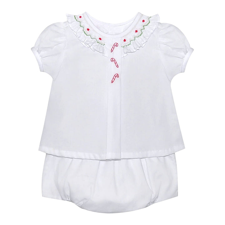 That Store white girls bloomer set with candy cane embroidery, ruffled collar, and red and green smocking details.