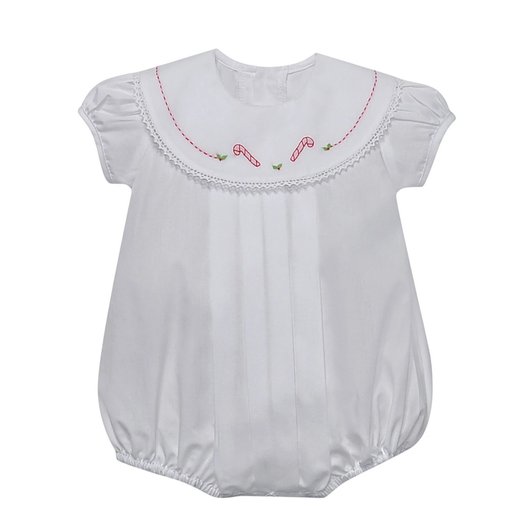 That Store white girls bubble featuring red candy cane embroidery, lace trim, and a round collar for Christmas.
