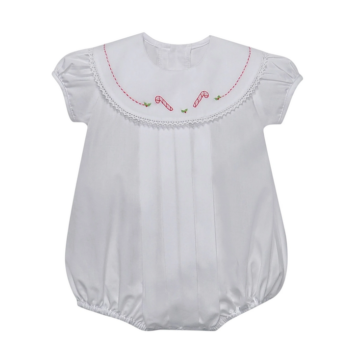 That Store white girls bubble featuring red candy cane embroidery, lace trim, and a round collar for Christmas.
