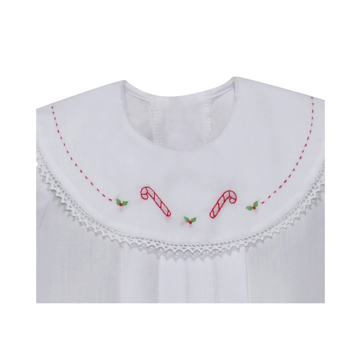 That Store white girls bubble with red candy cane embroidery, holly accents, and a lace-trimmed round collar.