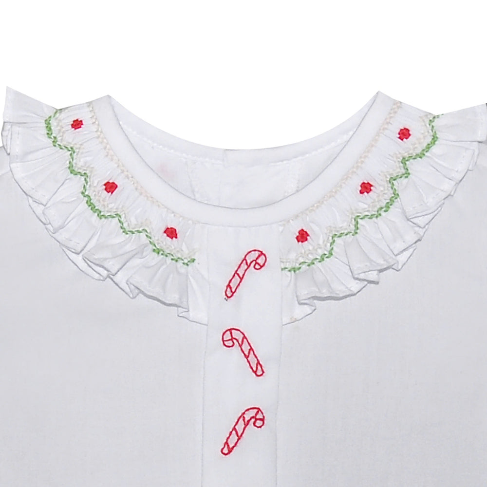 That Store girls white bloomer set featuring a ruffled collar with red and green smocking and candy cane embroidery.