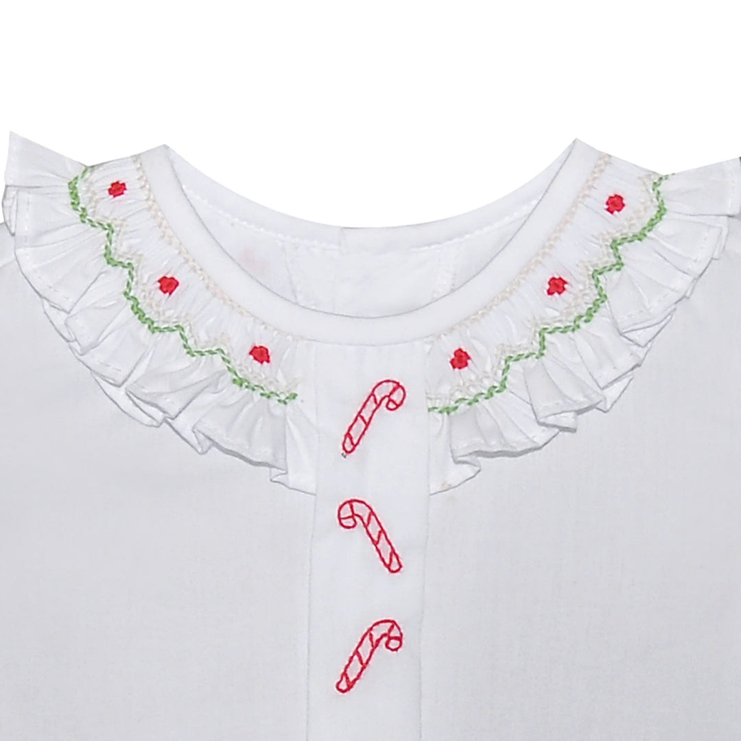 That Store girls white bloomer set featuring a ruffled collar with red and green smocking and candy cane embroidery.
