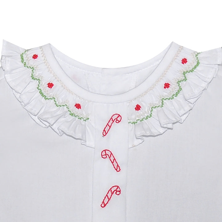 That Store girls white bloomer set featuring a ruffled collar with red and green smocking and candy cane embroidery.
