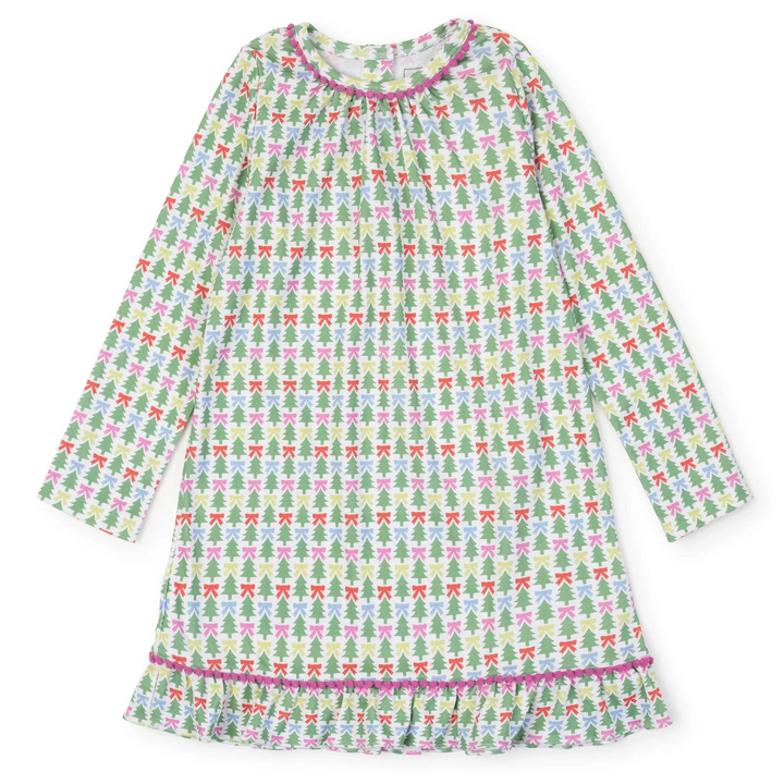 That Store Carlin doll dress in white cotton with green Christmas tree and colorful bow print and pom-pom trim.