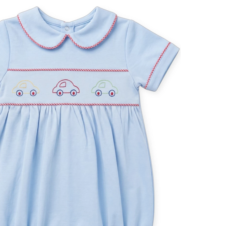 That Store Carson boys bubble in Bluffton Blue with red and white gingham trim and embroidered car motifs.