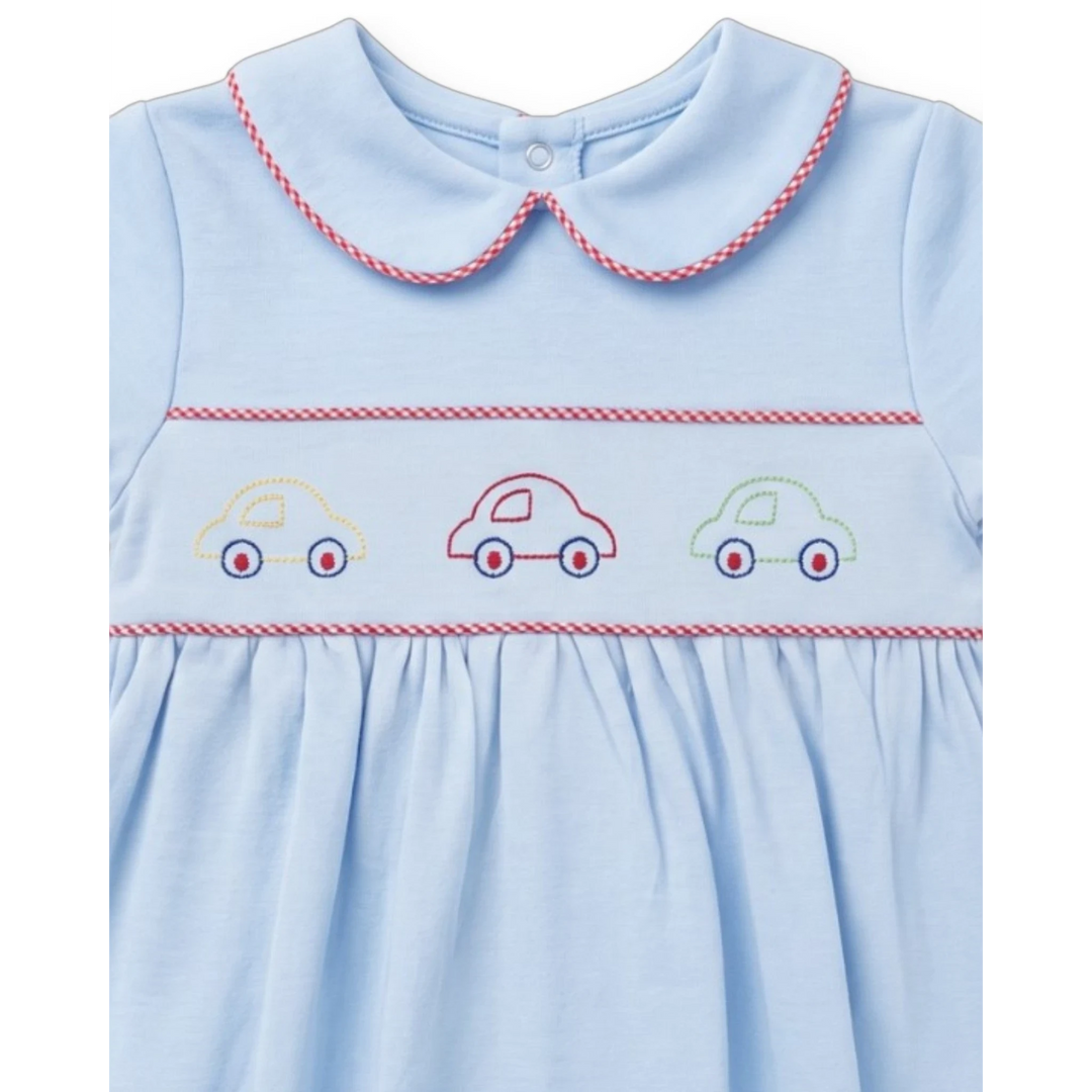 That Store Carson boys bubble in Bluffton Blue knit with red gingham trim and embroidered car details on the chest.