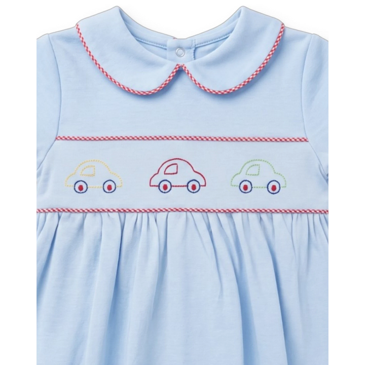That Store Carson boys bubble in Bluffton Blue knit with red gingham trim and embroidered car details on the chest.