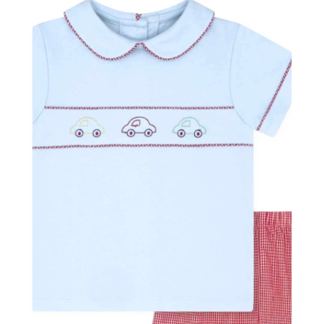 That Store Carson boys short set in Bluffton Blue with car embroidery and red gingham shorts
