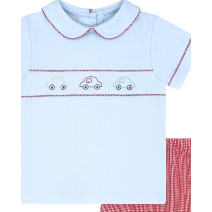 That Store Carson boys short set in Bluffton Blue with car embroidery and red gingham shorts