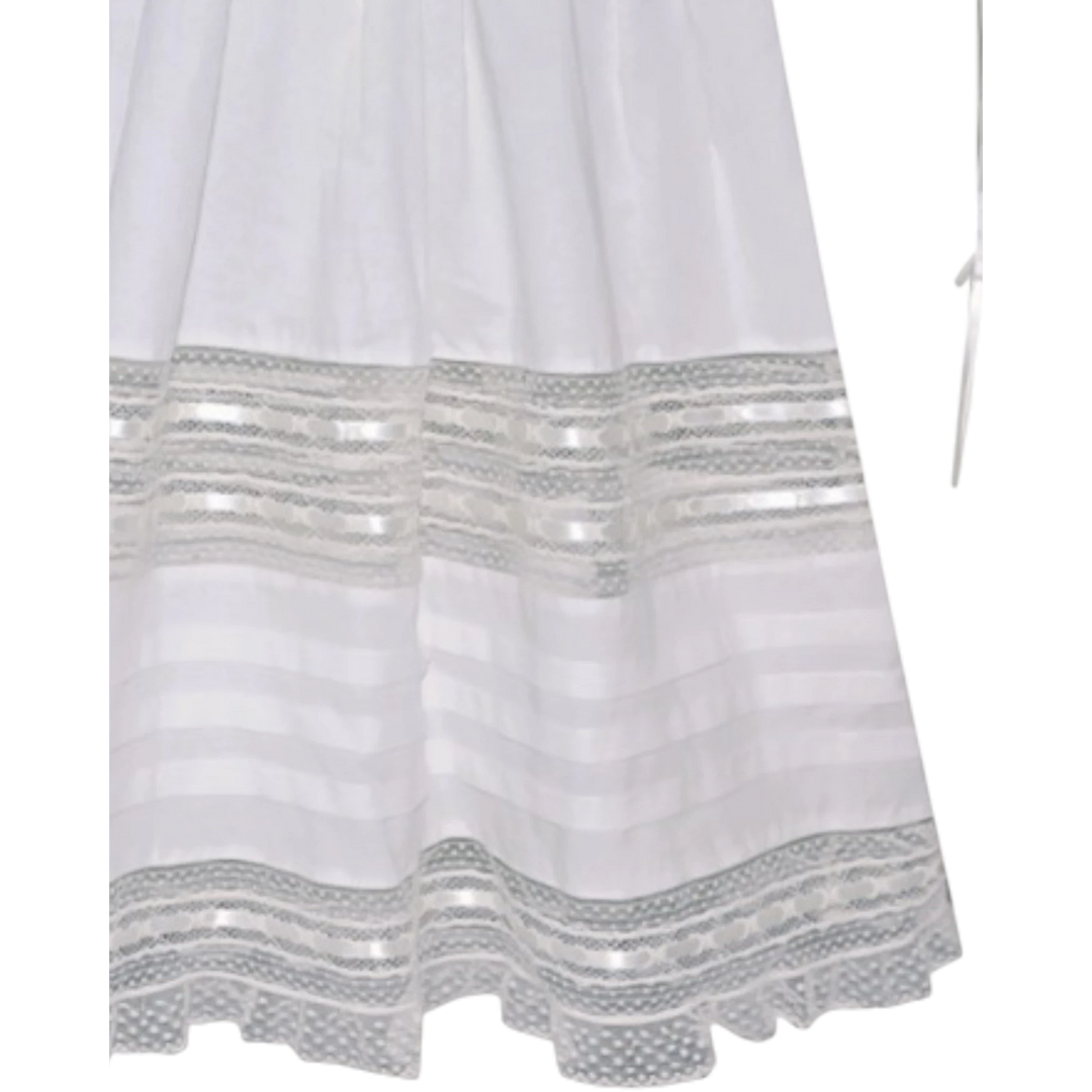 That Store Charlie dress in vintage white featuring ecru dotted lace trim and hand-woven satin ribbon details.