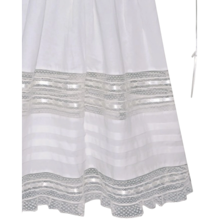 That Store Charlie dress in vintage white featuring ecru dotted lace trim and hand-woven satin ribbon details.
