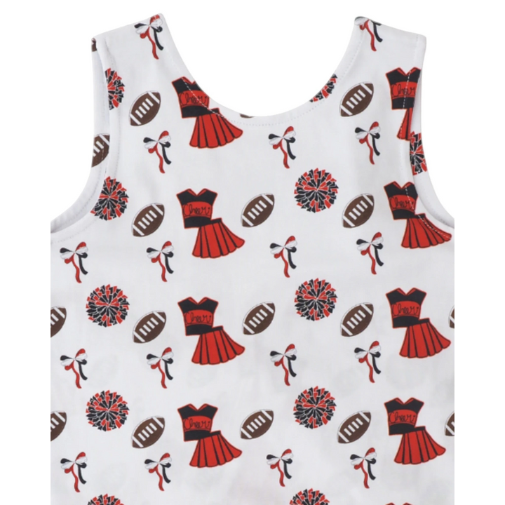 That Store girls varsity red and black cheerleading print tank top with football and pom-pom pattern