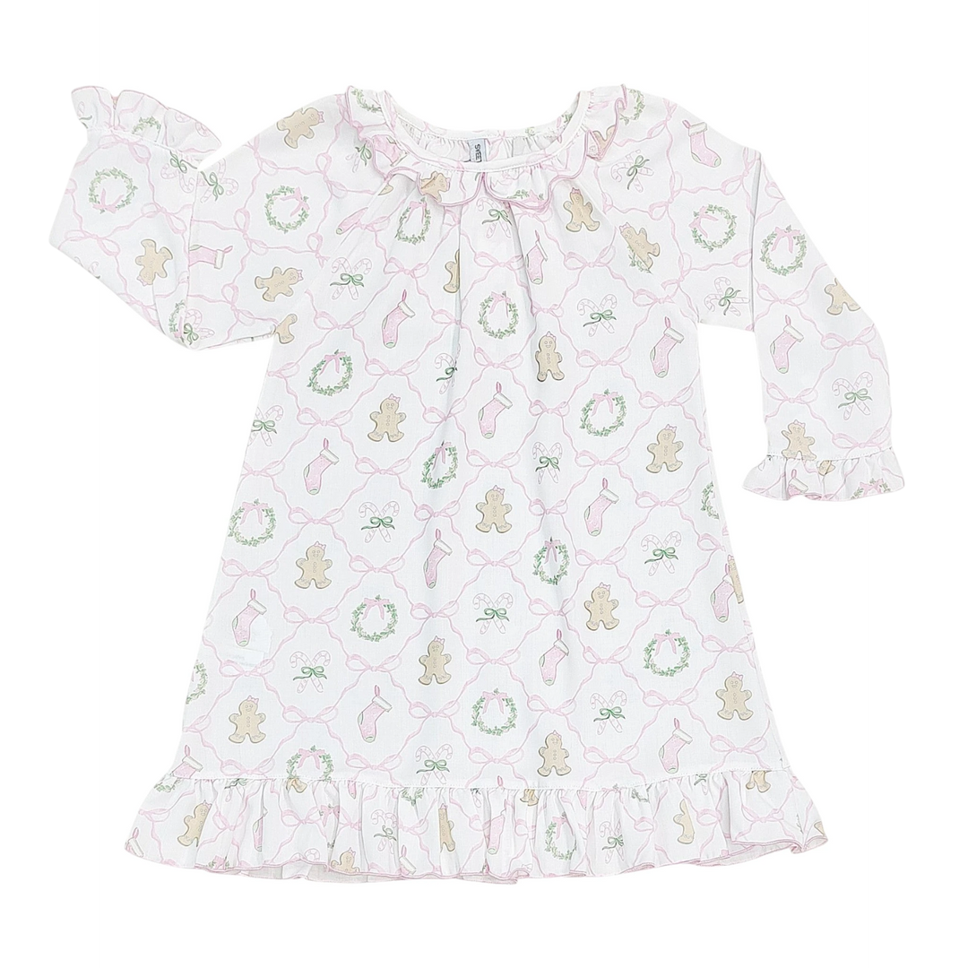 That Store girls long-sleeve polyester gown with a white Christmas trellis print featuring bows, wreaths, and cookies.