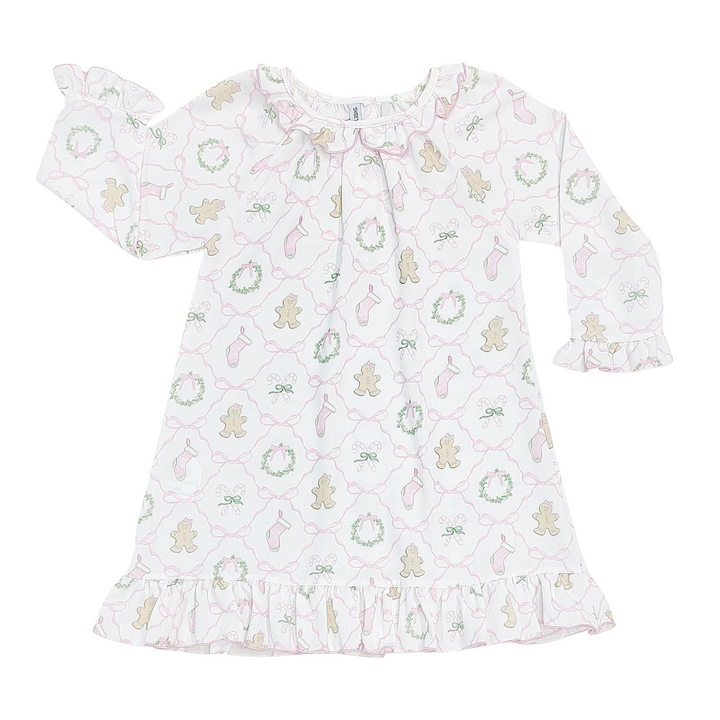 That Store girls long-sleeve polyester gown with a white Christmas trellis print featuring bows, wreaths, and cookies.