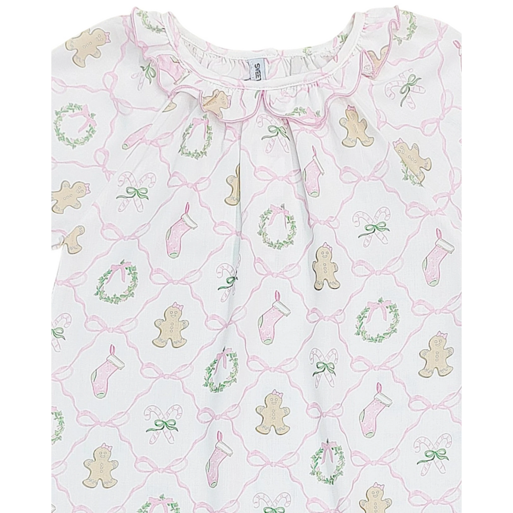 That Store Christmas Bow Trellis girls gown in white polyester with festive gingerbread, wreath, and stocking print