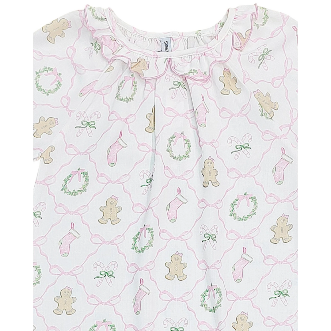 That Store Christmas Bow Trellis girls gown in white polyester with festive gingerbread, wreath, and stocking print