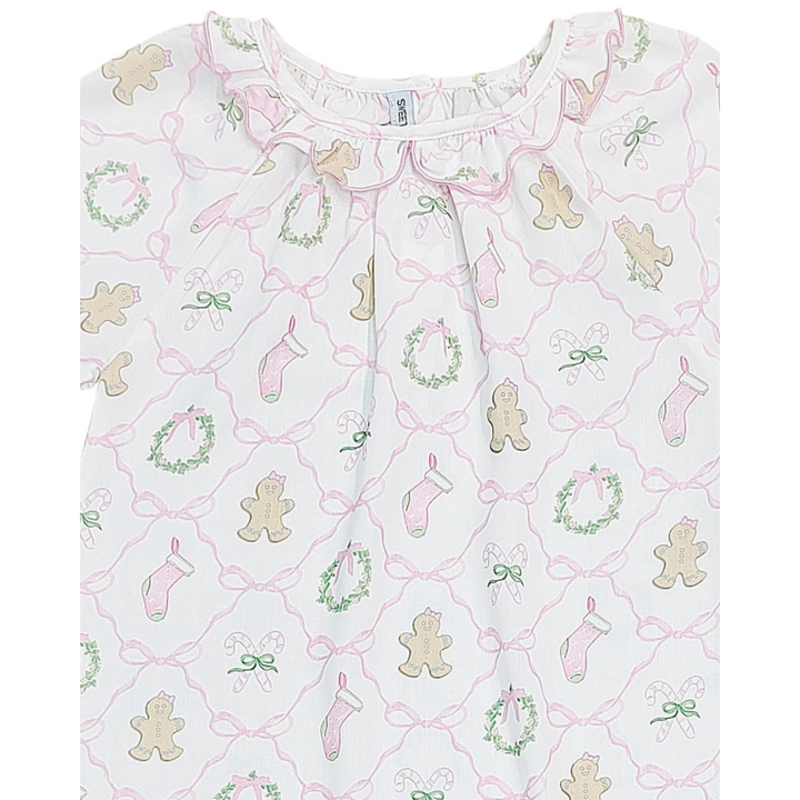 That Store Christmas Bow Trellis girls gown in white polyester with festive gingerbread, wreath, and stocking print