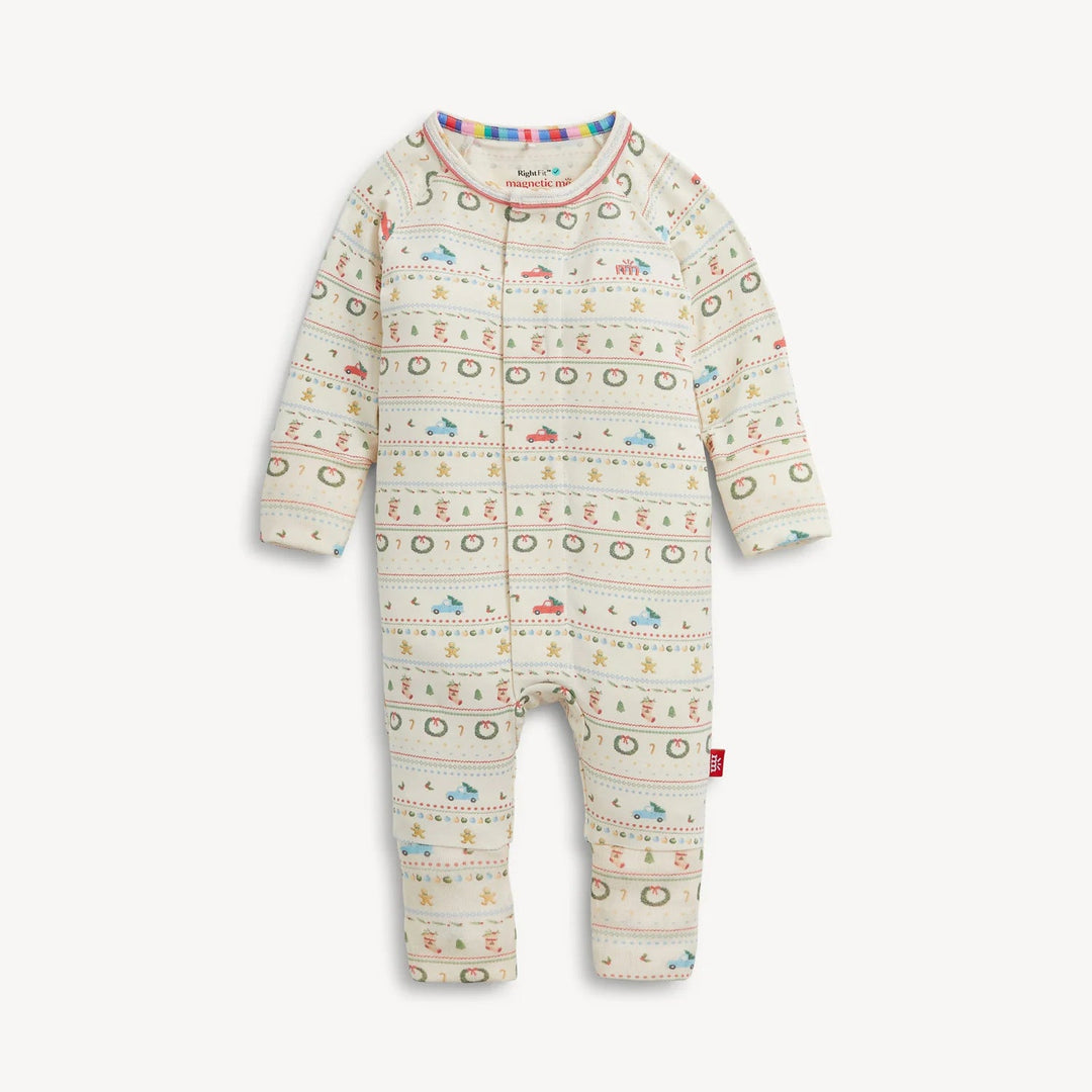 That Store RightFit magnetic baby coverall in cream with a festive Christmas print of cars, trees, and wreaths.
