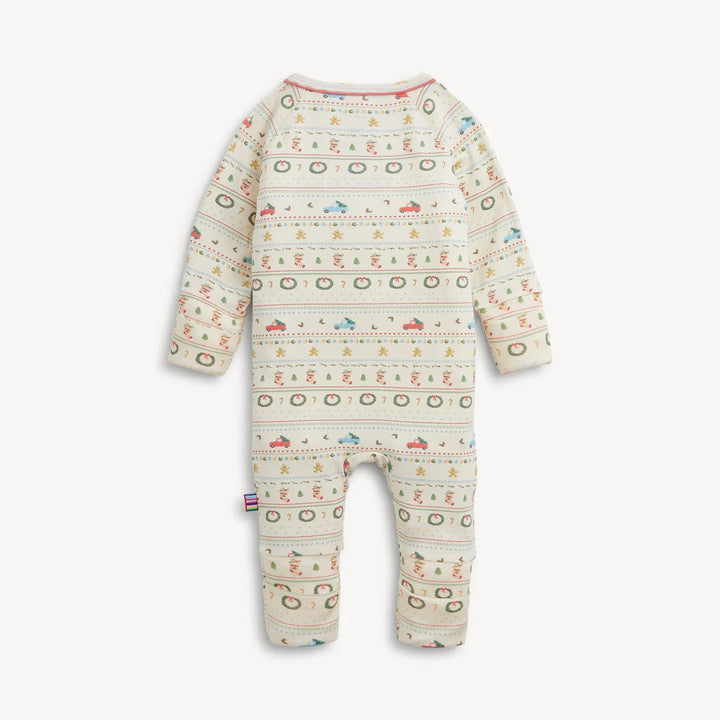 That Store RightFit magnetic convertible baby coverall in cream with a festive traditional Christmas car print.