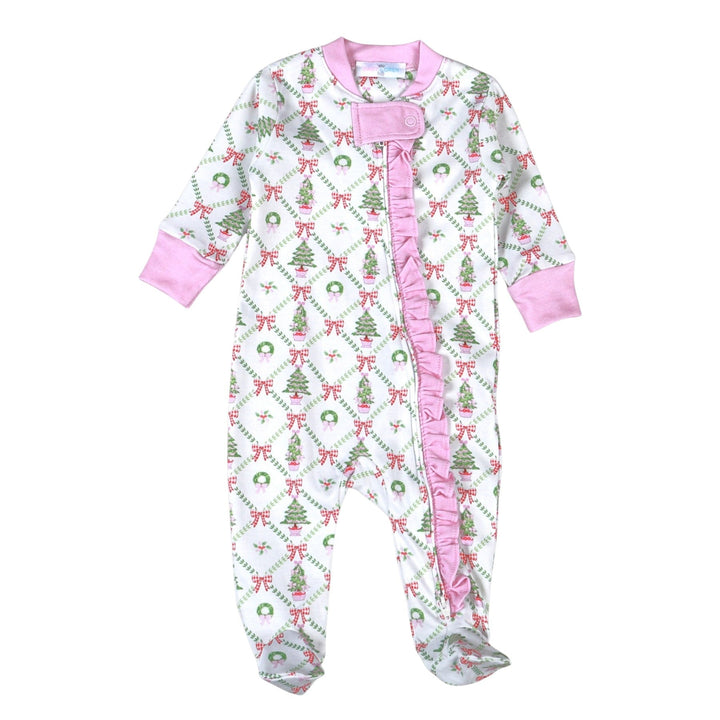 That Store Pima cotton baby footie with Christmas tree and wreath print, featuring a pink ruffled zipper front.