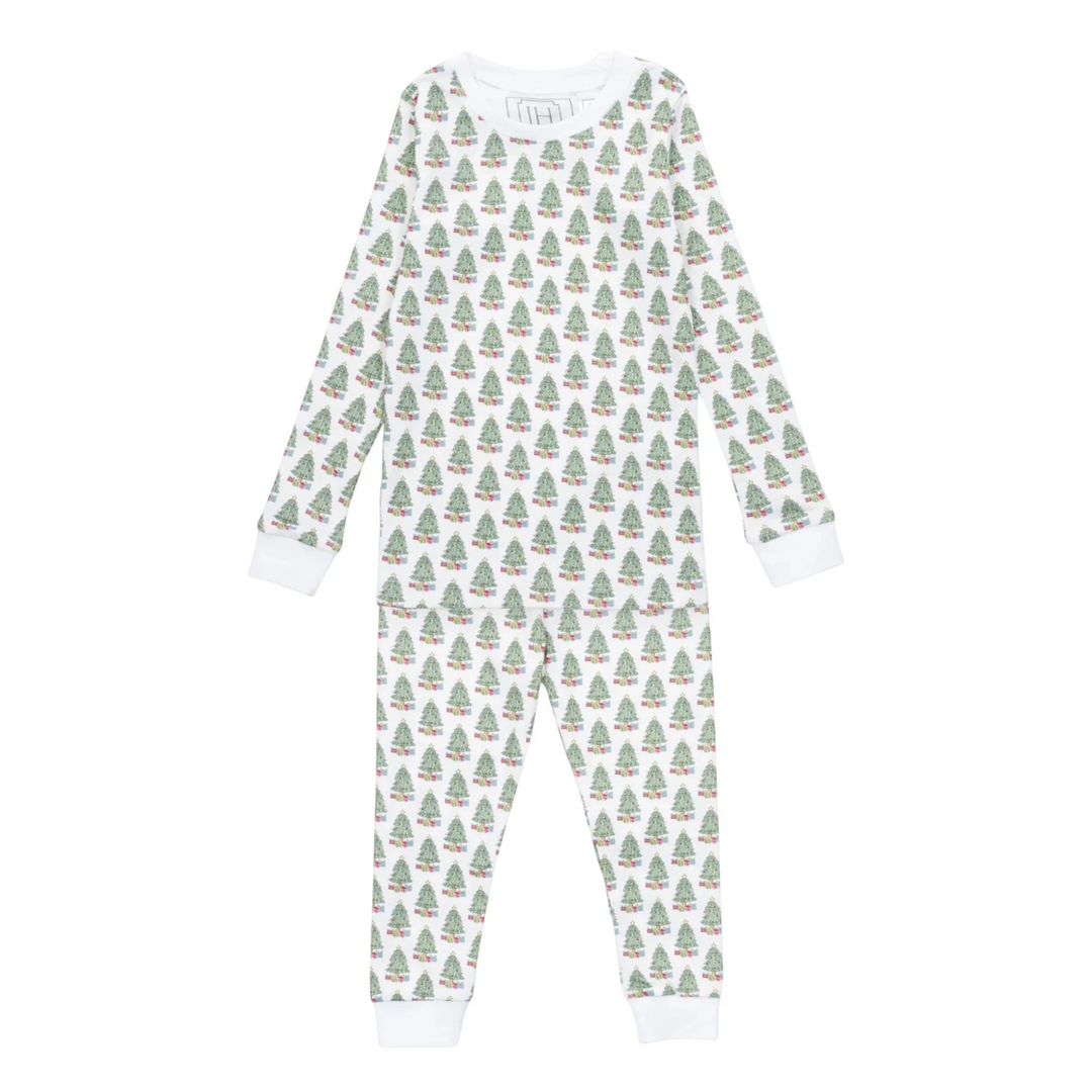 That Store Grayson long-sleeve pajama set in white Pima cotton with a festive Christmas tree and gift print.