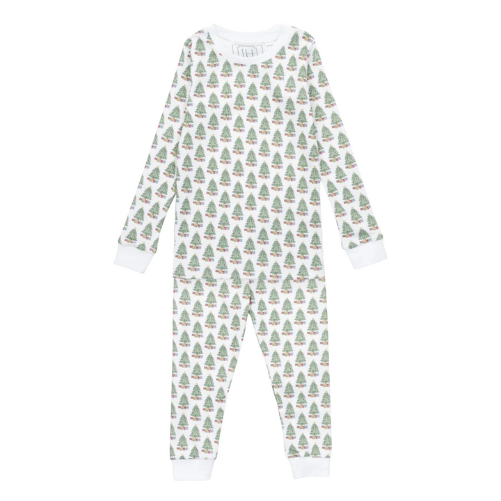 That Store Grayson long-sleeve pajama set in white Pima cotton with a festive Christmas tree and gift print.