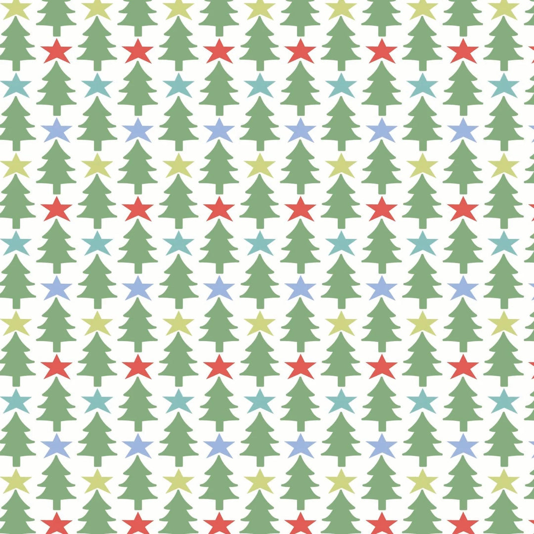 That Store Grayson pajama fabric featuring a festive pattern of green Christmas trees and colorful stars on white