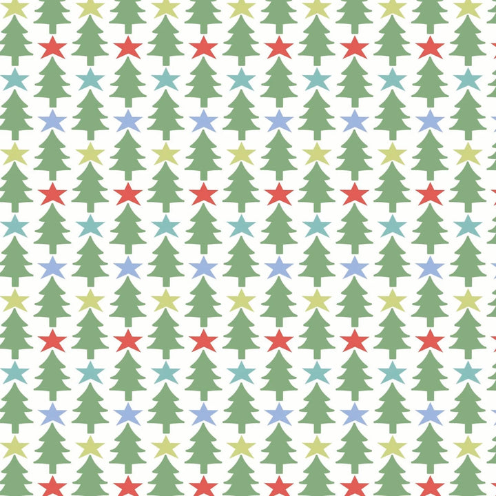 That Store Grayson pajama fabric featuring a festive pattern of green Christmas trees and colorful stars on white