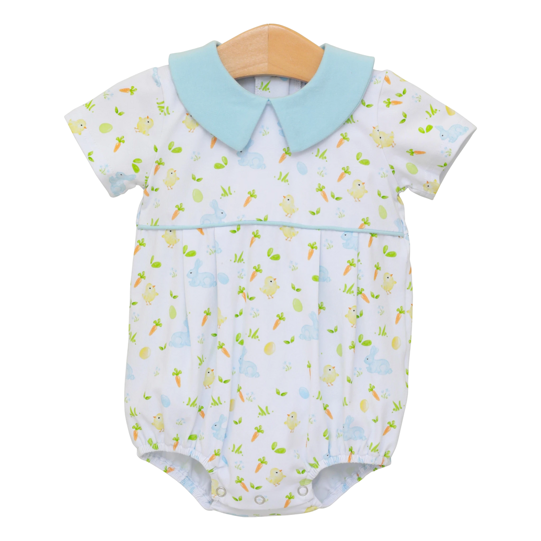 That Store Cottontail Blue boys bubble featuring a cute bunny and chick print with a light blue peter pan collar.