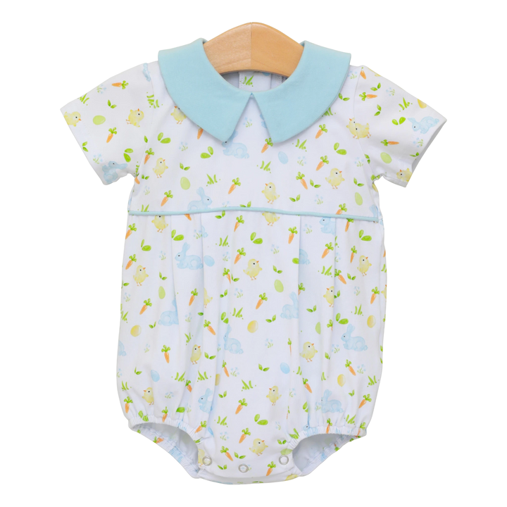 That Store Cottontail Blue boys bubble featuring a cute bunny and chick print with a light blue peter pan collar.