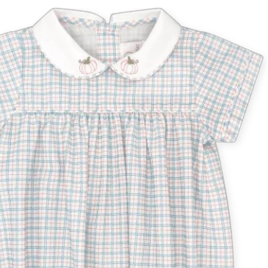 That Store Covington bubble in blue and orange countryside plaid with embroidered pumpkin collar details.