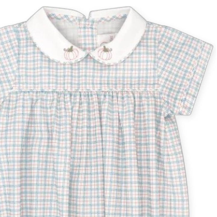 That Store Covington bubble in blue and orange countryside plaid with embroidered pumpkin collar details.