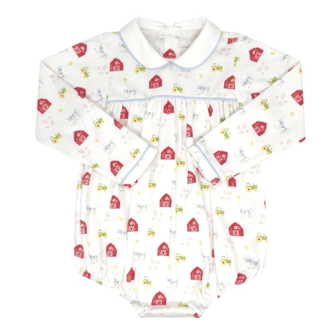 That Store Covington bubble in white knit with a barnyard tales print, long sleeves, and light blue piping detail.
