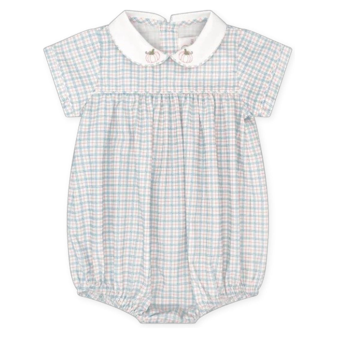 That Store Covington bubble in blue and orange countryside plaid with pumpkin embroidery on the white peter pan collar